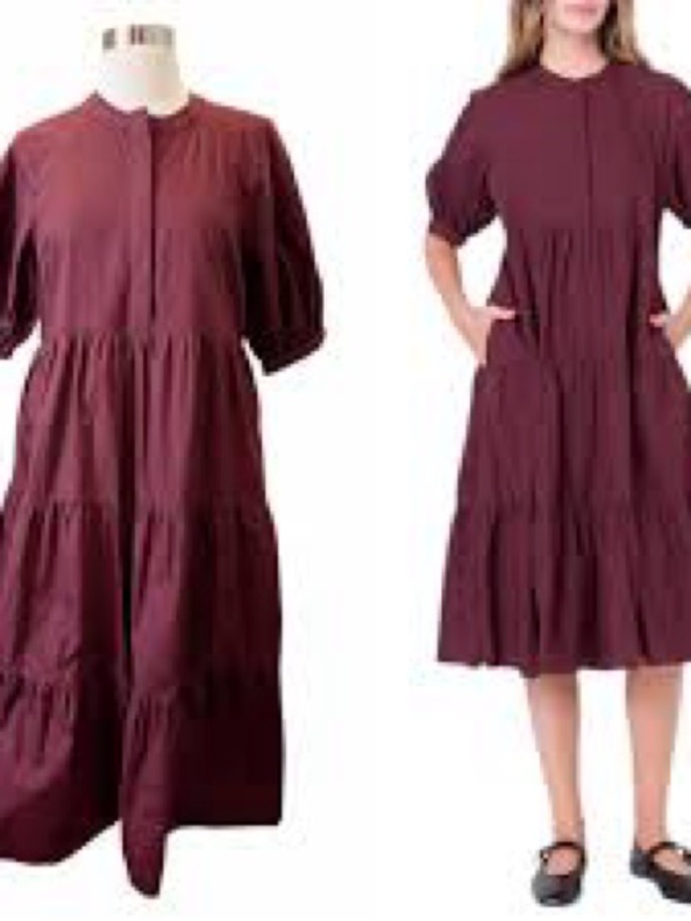 English Factory Burgundy Tiered Midi Dress with Puff Sleeves